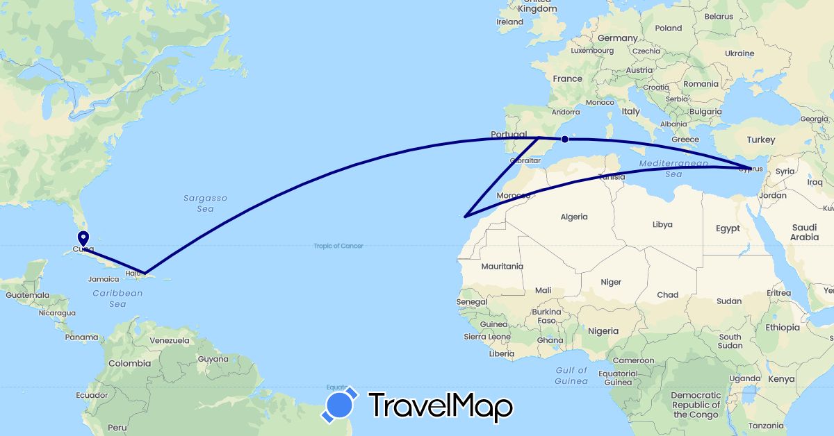 TravelMap itinerary: driving in Cuba, Cyprus, Dominican Republic, Spain (Asia, Europe, North America)